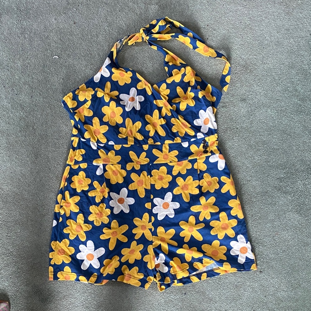 Modcloth Navy Romper with Yellow & White Floral Print